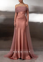 Satin Off the Shoulder Long Sleeves Floor-Length Mermaid Evening Gowns