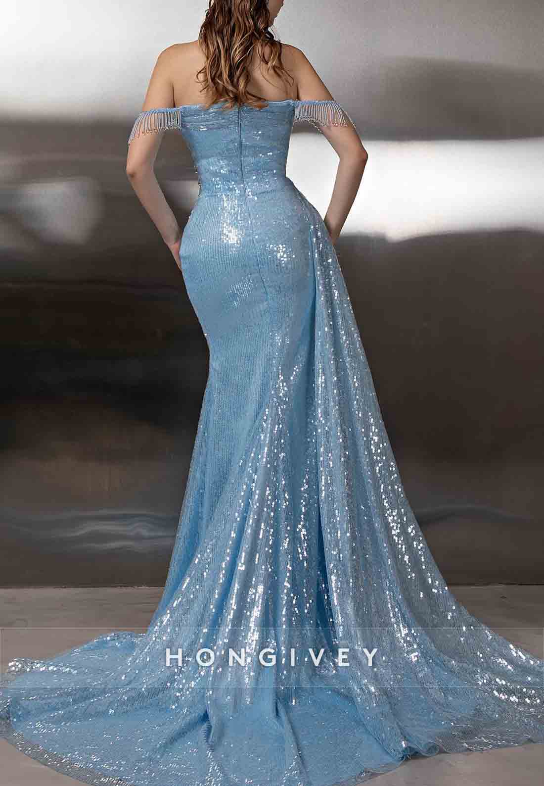 Elegant Sky Blue Side Draping Off the Shoulder Floor-Length Mermaid Glitter Evening Gowns