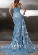 Elegant Sky Blue Side Draping Off the Shoulder Floor-Length Mermaid Glitter Evening Gowns