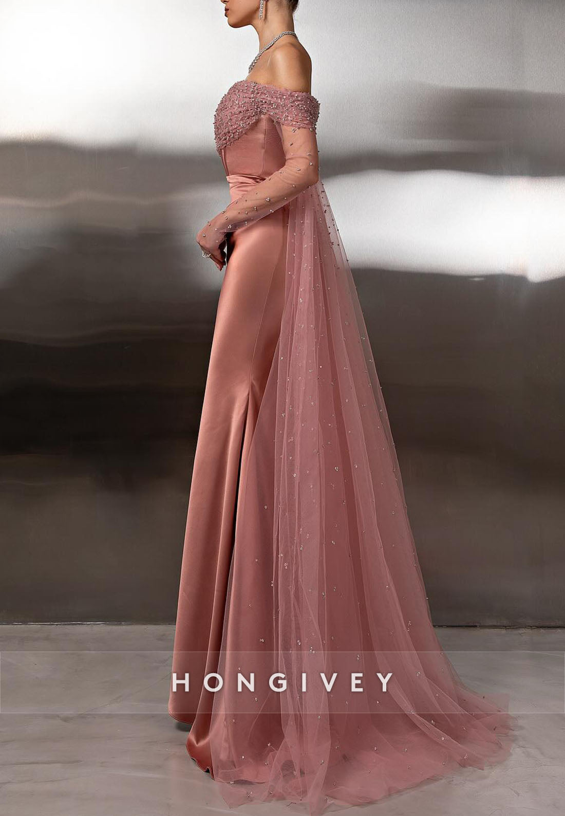 Satin Off the Shoulder Long Sleeves Floor-Length Mermaid Evening Gowns