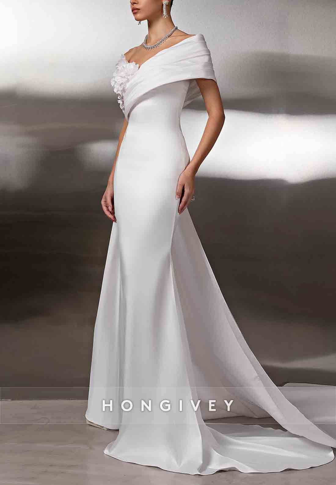 One Shoulder Side Draping Satin Trumpet Wedding Dresses with Flowers
