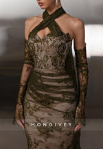 Olive Lace Halter Neck Long Sleeves Floor-Length Sheath Evening Gowns