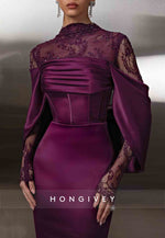 Lace Long Sleeves Mermaid Shawl Elastic Satin Raspberry High Neck Evening Gown