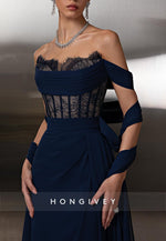 Off the Shoulder Navy Blue Column Lace Floor-Length Evening Gowns