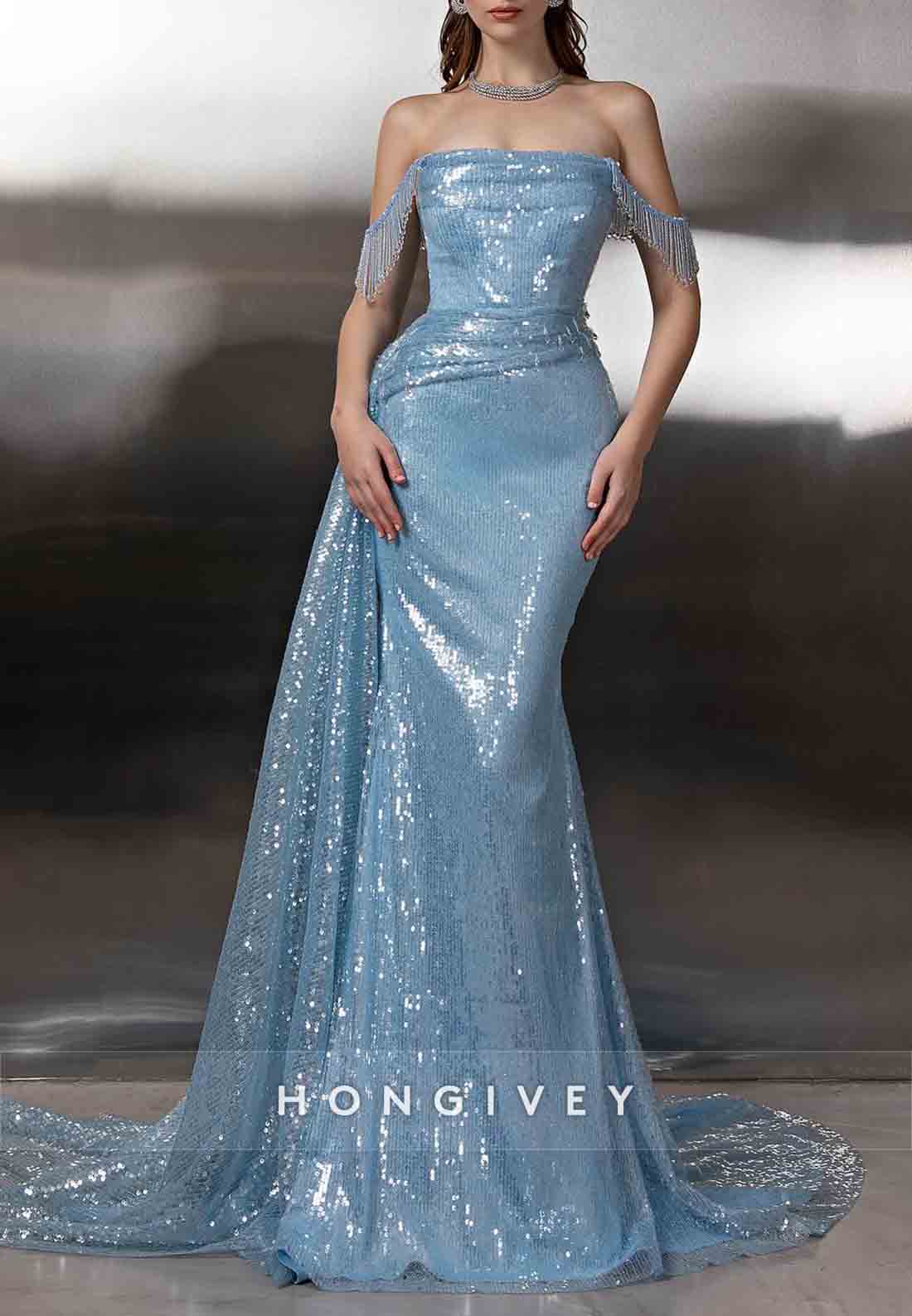 Elegant Sky Blue Side Draping Off the Shoulder Floor-Length Mermaid Glitter Evening Gowns