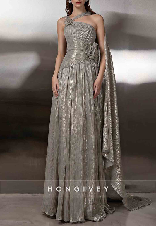 A-Line Floor-Length Empire Evening Gowns with 3D Flowers and Ruffles