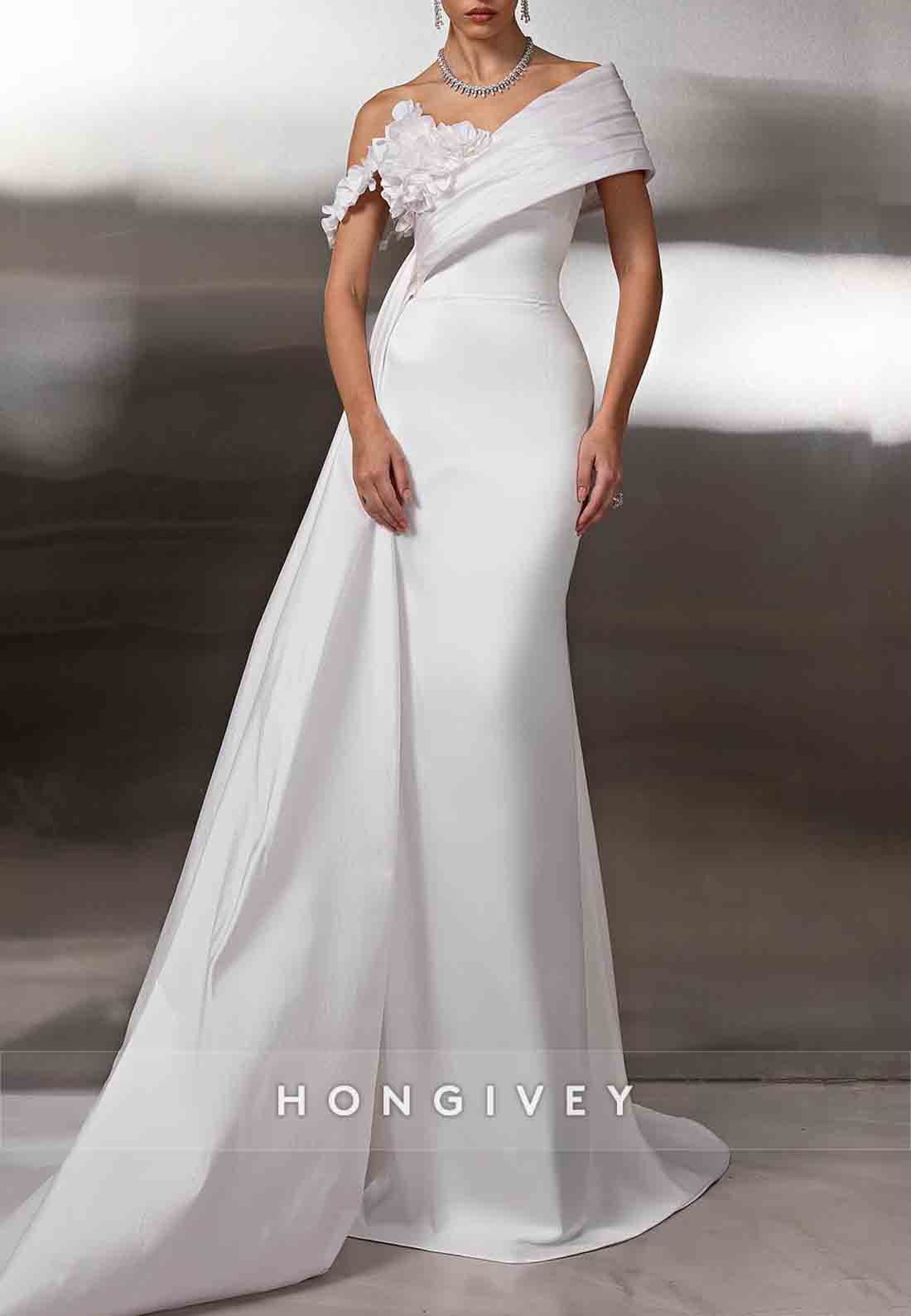 One Shoulder Side Draping Satin Trumpet Wedding Dresses with Flowers