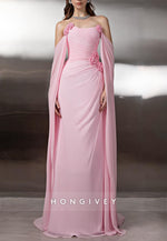 Pink Off the Shoulder Floor-Length Trumpet Evening Gowns with Flowers