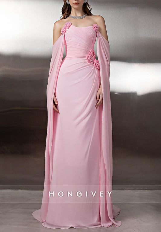 Pink Off the Shoulder Floor-Length Trumpet Evening Gowns with Flowers