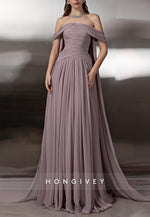 Off the Shoulder A-Line Floor-Length Chiffon Evening Gowns with Cape