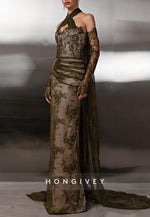 Olive Lace Halter Neck Long Sleeves Floor-Length Sheath Evening Gowns
