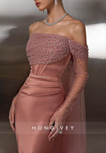 Satin Off the Shoulder Long Sleeves Floor-Length Mermaid Evening Gowns