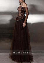 Brown Off the Shoulder Long Sleeves A-Line Evening Gowns with Appliques