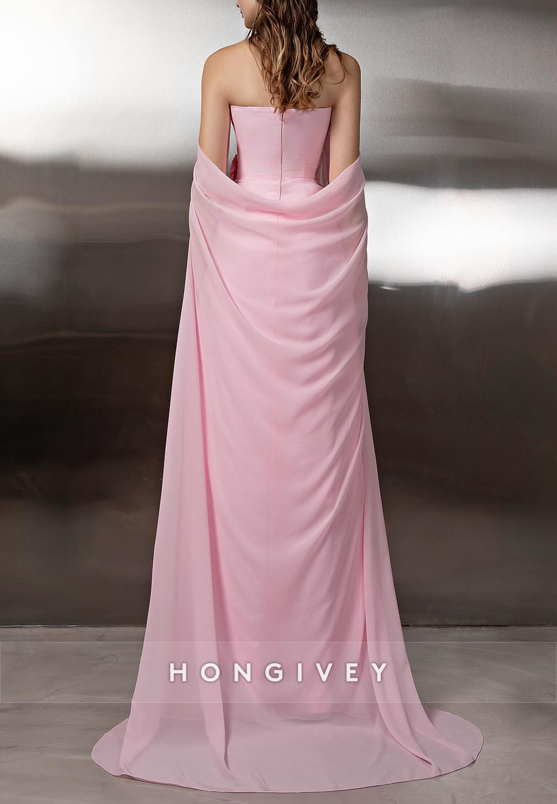 Pink Off the Shoulder Floor-Length Trumpet Evening Gowns with Flowers
