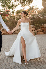 Fashion A Line Square Neck Satin Long Wedding Dresses with Slit