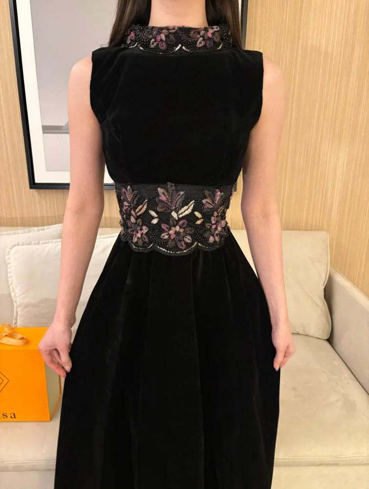 Black High Neck Sleeveless Floral Print Beaded A-Line Evening Dress Foraml Women