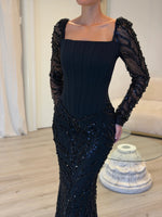 Black Square Neck Sequins Lace Long Sleeve Mermaid Evening Dress