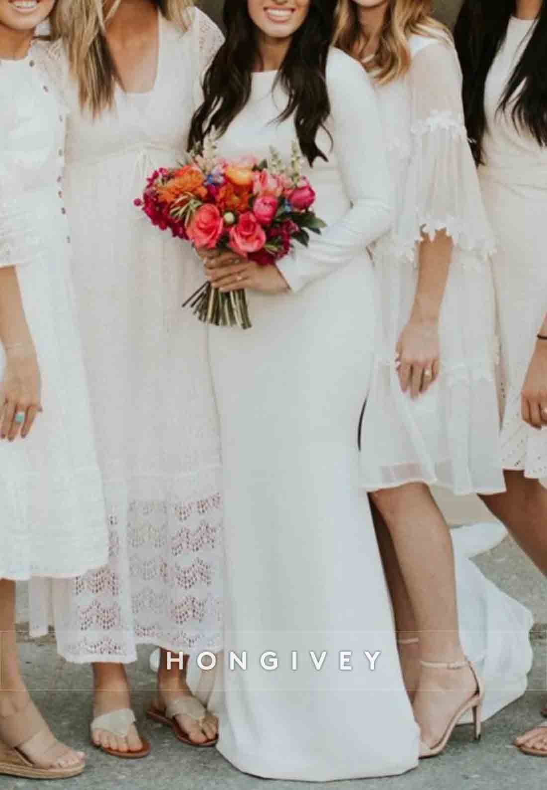 Simple Long Sleeves Satin Floor-Length Pleated Trumpet Wedding Dress