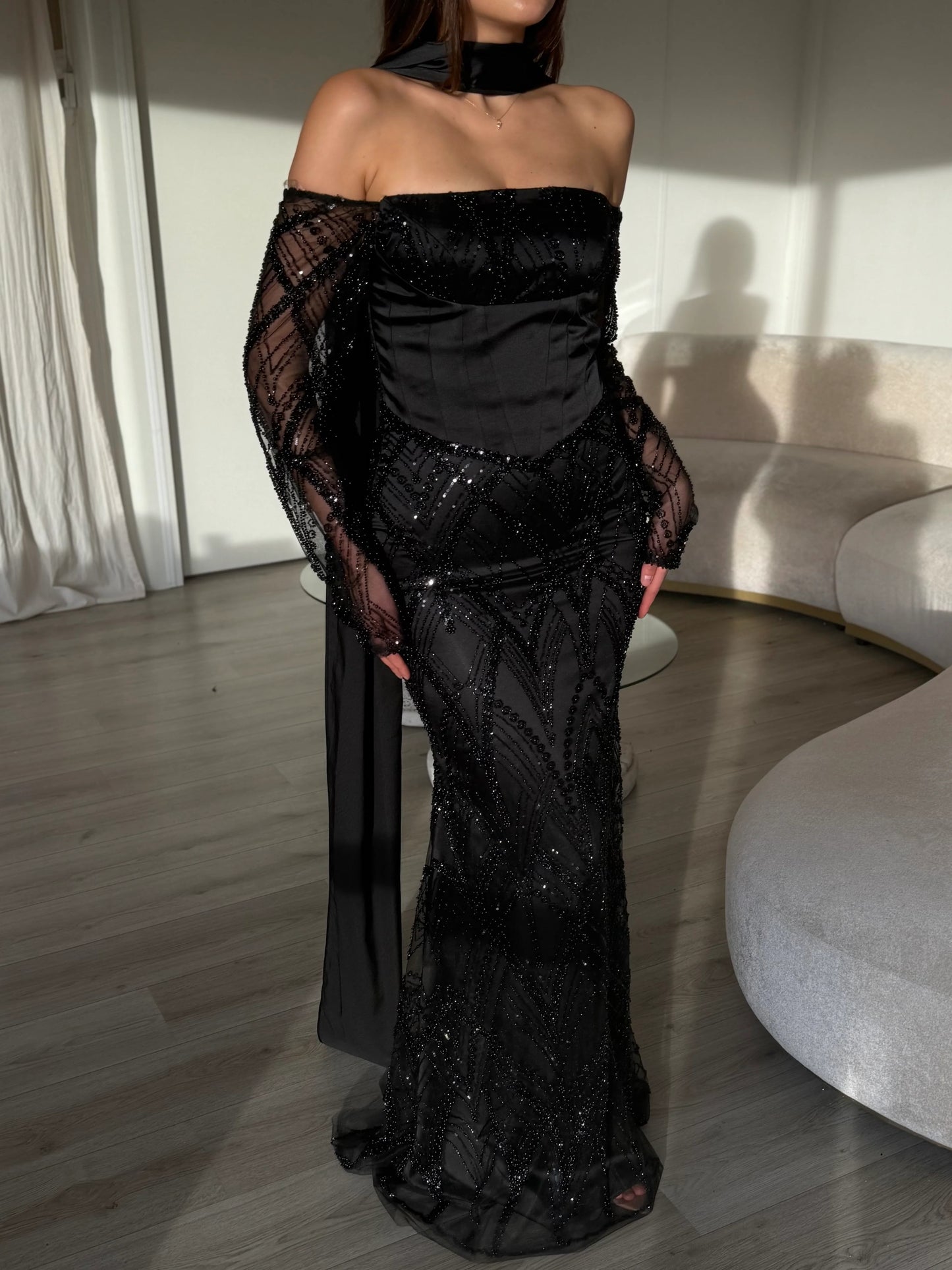 Off the Shoulder Sequins Lace Long Sleeve Mermaid Shawl Floor-Length Evening Dress