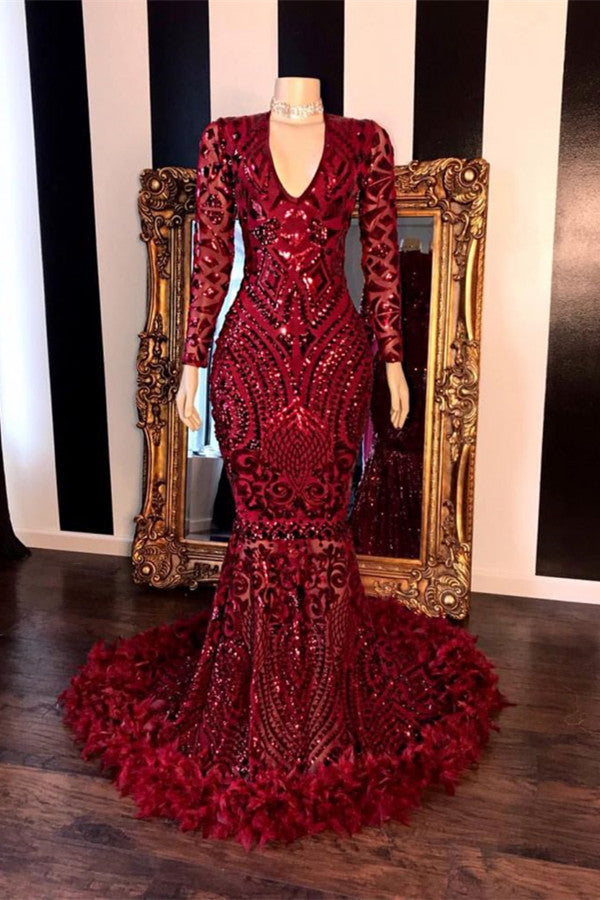Hidais Long Sleeves Burgundy V Neck Long Mermaid Prom Dress Feather With Sequins