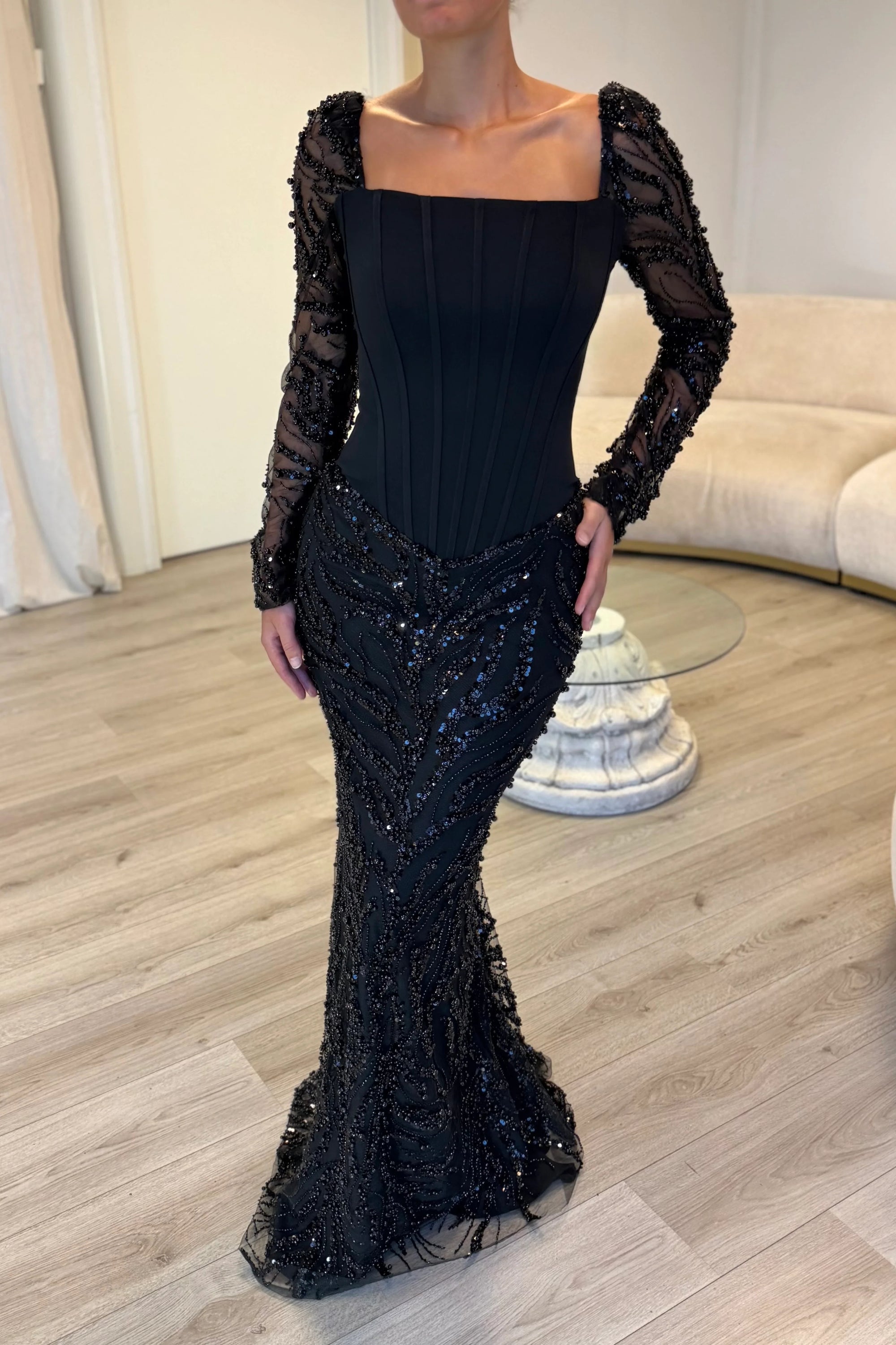 Black Square Neck Sequins Lace Long Sleeve Mermaid Evening Dress