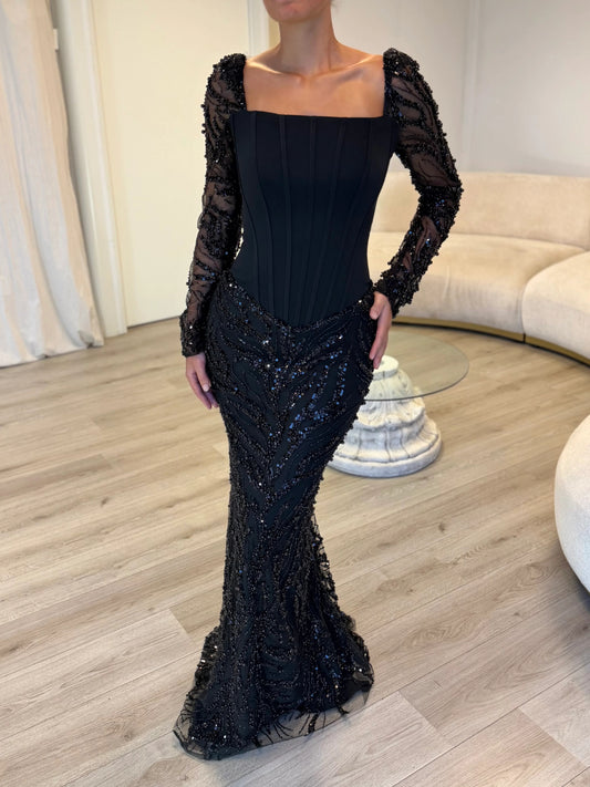 Black Square Neck Sequins Lace Long Sleeve Mermaid Evening Dress