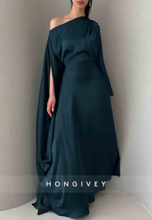 One Shoulder Floor-Length Pleated Long Sleeves Evening Gowns
