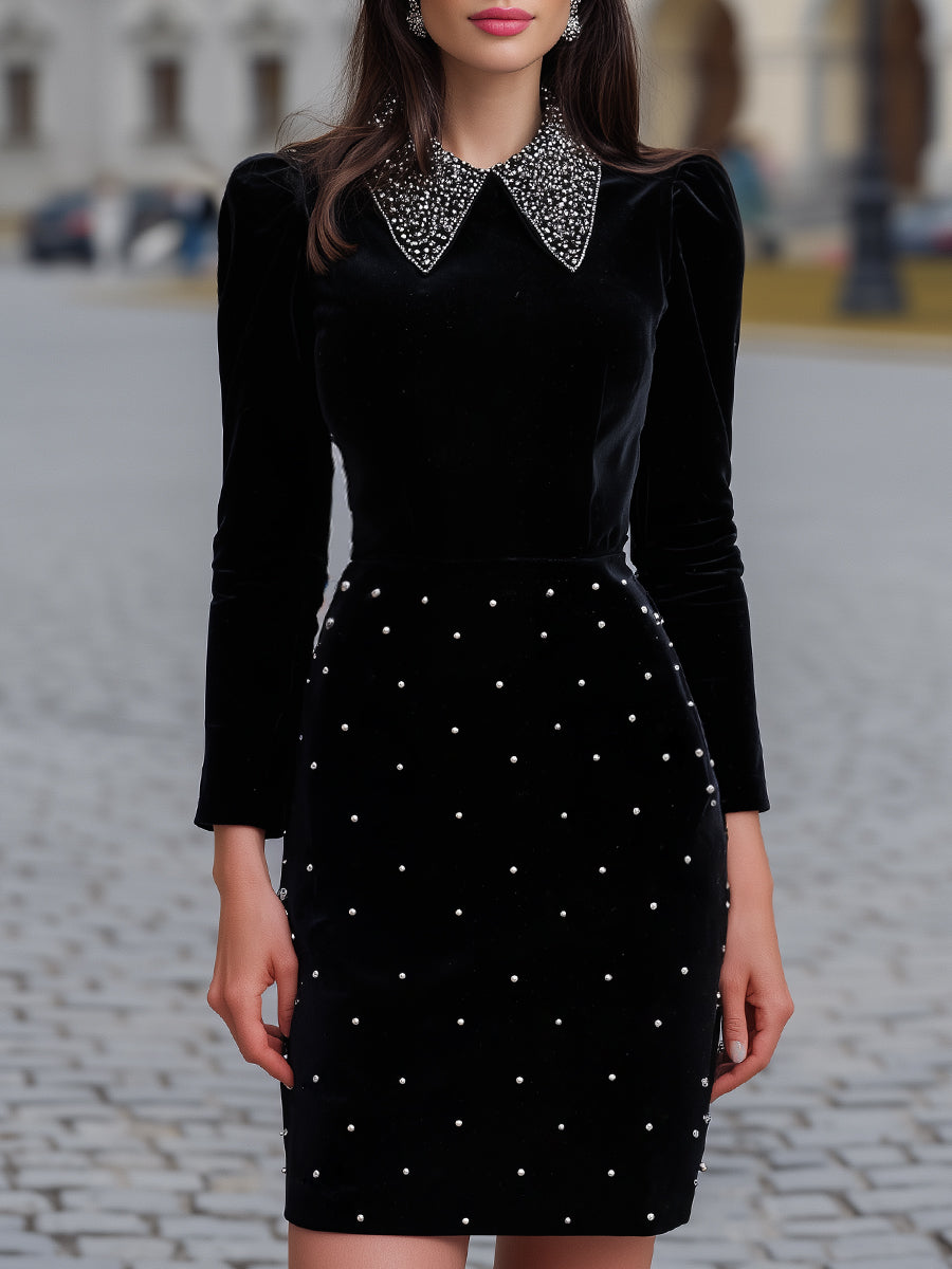 Embellished Collar Velvet Evening Dresss With Beaded Skirt