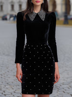 Embellished Collar Velvet Evening Dresss With Beaded Skirt