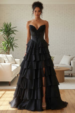 Cute A Line Sweetheart Black Chiffon Tiered Prom Dress