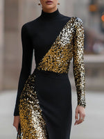 Elegant Black And Gold Sequin High-Neck Slit Maxi Dress