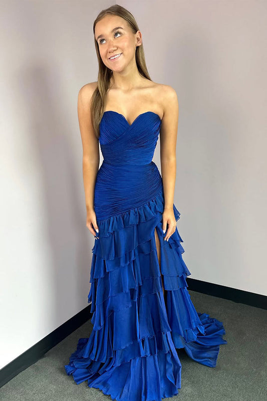 Charming Mermaid Sweetheart Royal Blue Chiffon Prom Dress with Slit