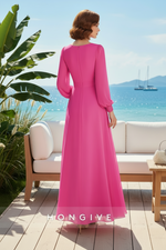 HM167 - Elegant Satin A-Line V-Neck Empire Long Sleeves Appliques Ruched Mother of the Bride Dress