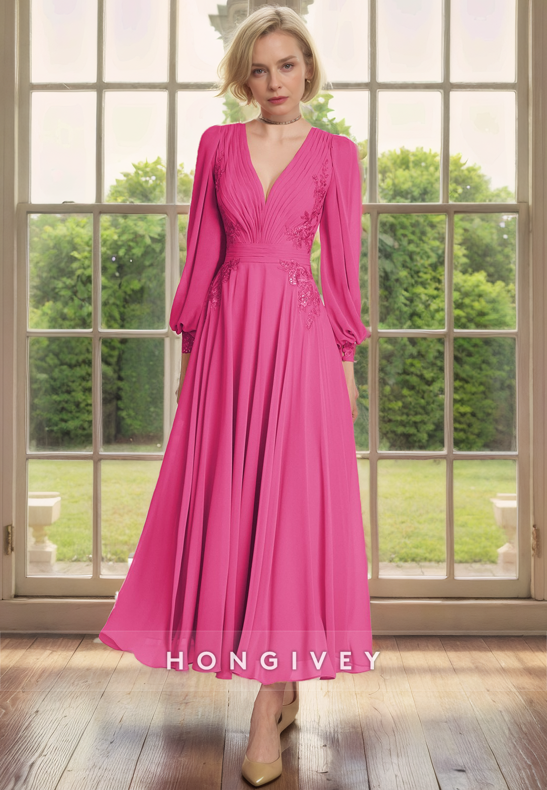 HM167 - Elegant Satin A-Line V-Neck Empire Long Sleeves Appliques Ruched Mother of the Bride Dress