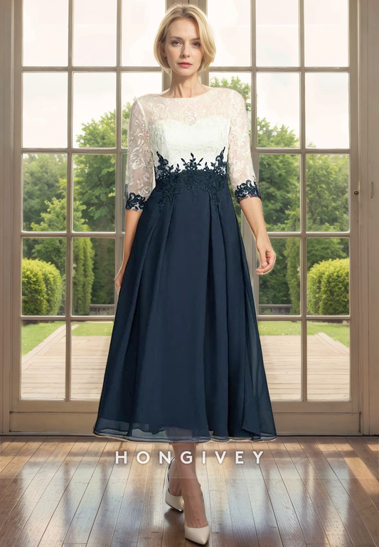 Round A-Line Half Sleeves Appliques Mother of the Bride Dress