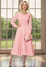 V-Neck Long Sleeve A-Line Appliques Ruched Mother of the Bride Dress