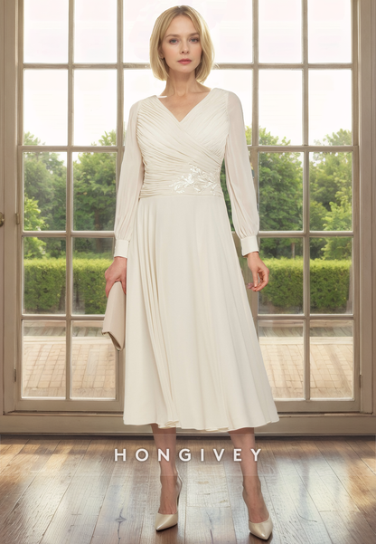 V-Neck Long Sleeve A-Line Appliques Ruched Mother of the Bride Dress