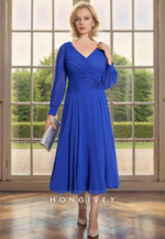 V-Neck Long Sleeve A-Line Appliques Ruched Mother of the Bride Dress