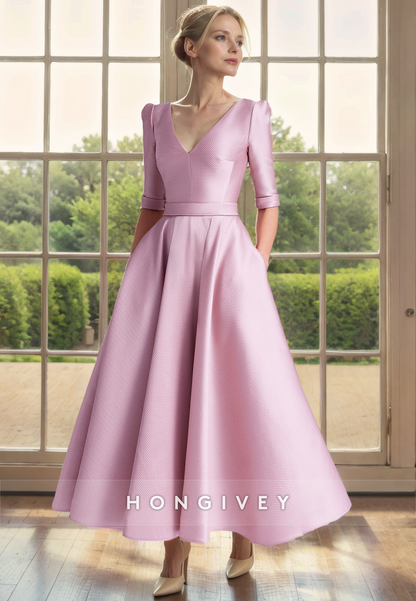 Elegant Satin A-Line V-Neck Half Sleeves With Pockets Mother of the Bride Dress