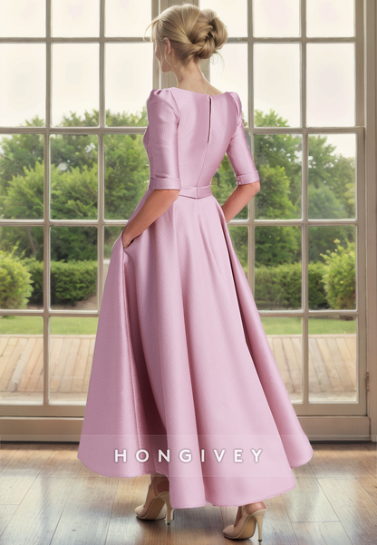 Elegant Satin A-Line V-Neck Half Sleeves With Pockets Mother of the Bride Dress