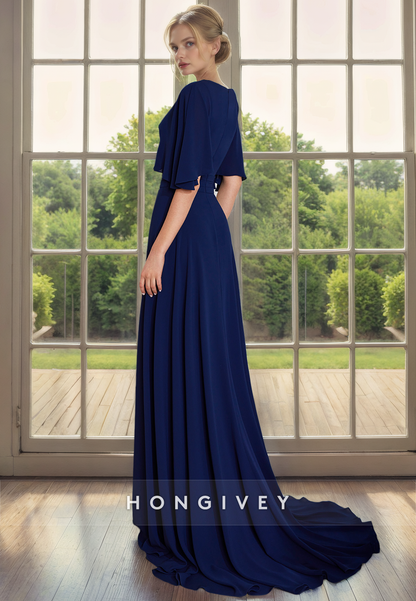 A-Line V-Neck Half Sleeves With Side Slit Mother of the Bride Dress