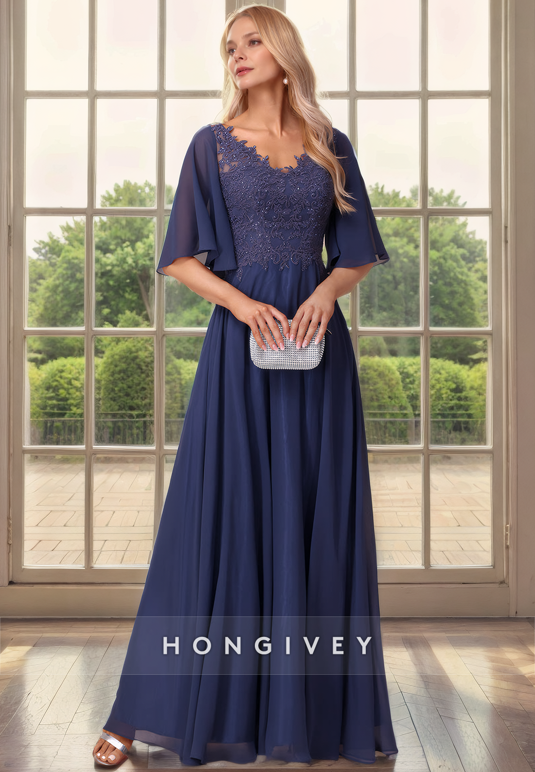 A-Line V-Neck Half Sleeves Lace Applique Empire Mother of the Bride Dress