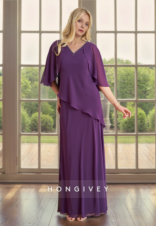 V-Neck Fitted Half Sleeves Mother of the Bride Dress