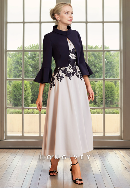 Satin A-Line Round 3/4 Sleeves Appliques Two Piece Mother of the Bride Dress