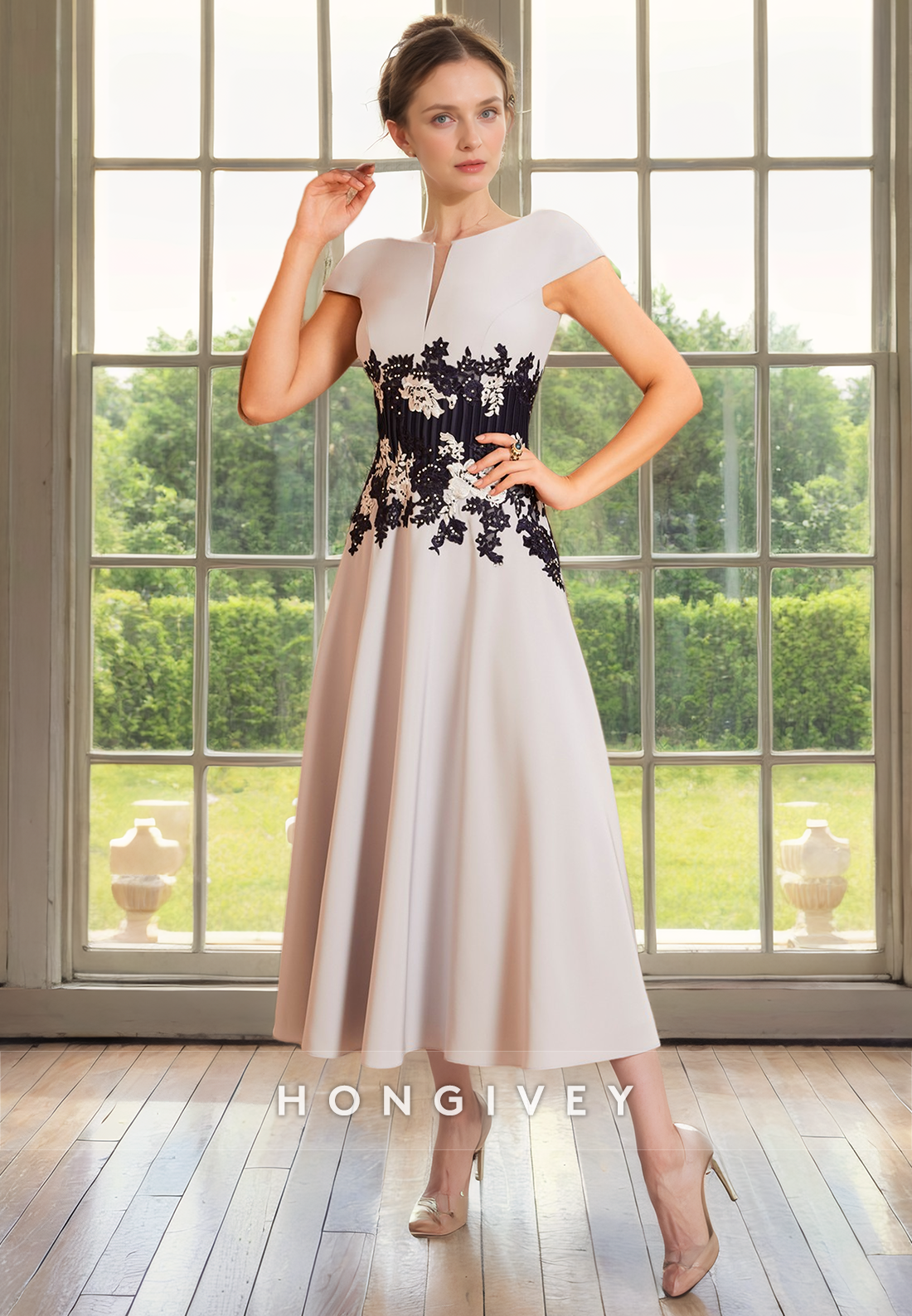 Satin A-Line Round 3/4 Sleeves Appliques Two Piece Mother of the Bride Dress