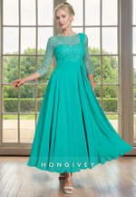 Elegant Chiffon A-Line 3/4 Sleeves Sheer Appliques Mother of the Bride Dress