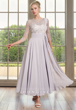 Elegant Chiffon A-Line 3/4 Sleeves Sheer Appliques Mother of the Bride Dress