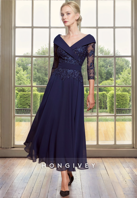 Classic V-Neck 3/4 Sleeves Lace Applique Mother of the Bride Dress