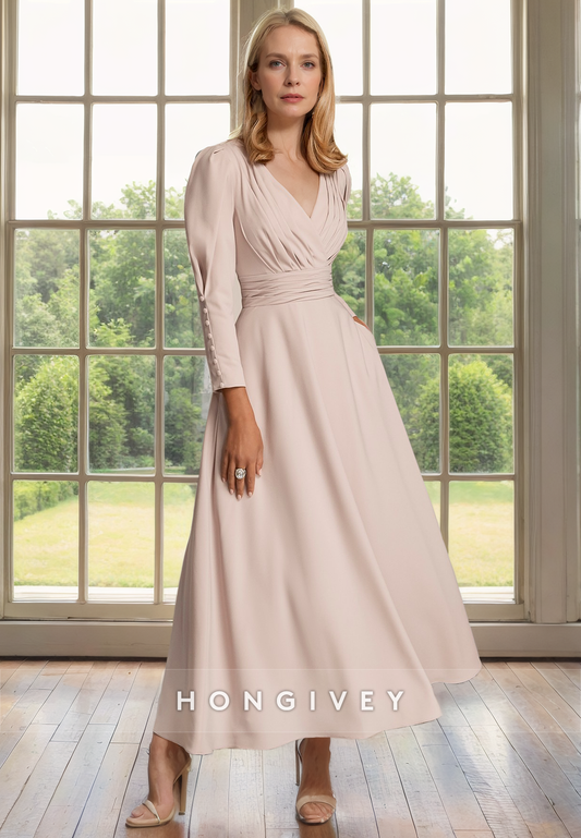 Chiffon V-Neck Long Sleeves Empire Mother of the Bride Dress