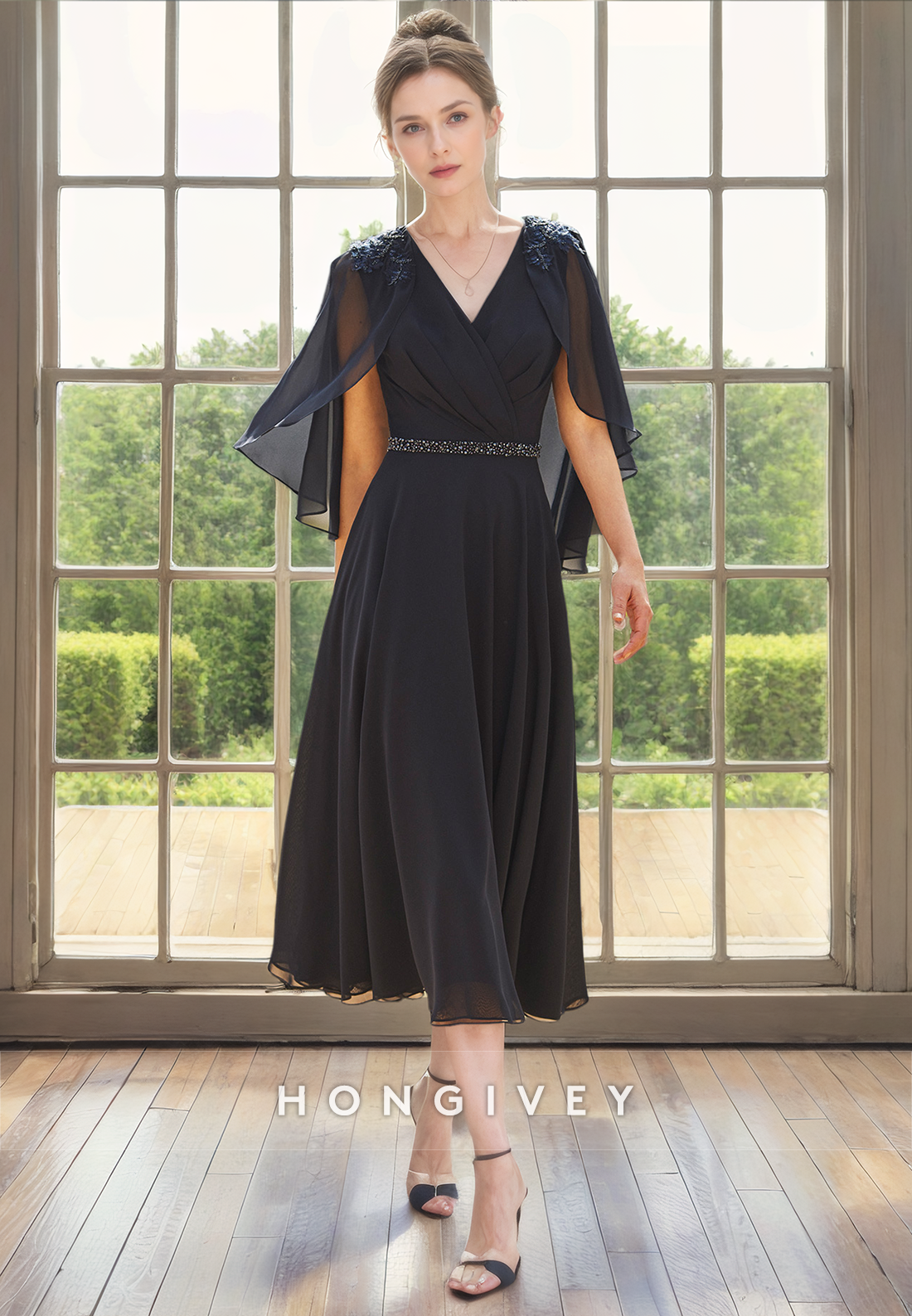V-Neck A-Line With Bolero Empire Chiffon Mother of the Bride Dress Dark Navy